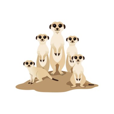 Vector illustration shows a meerkat family group standing together on earth with attentive expressions in a calm mood.