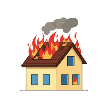 Vector illustration shows a house engulfed in flames with smoke rising, emphasizing fire emergency and safety. Dramatic and alerting mood.