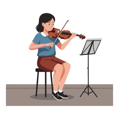 Genç bir kadın bir taburede oturup keman çalarken sakin bir oturma ortamında bir tezgahtan müzik okuyor. Huzurlu ruh hali.