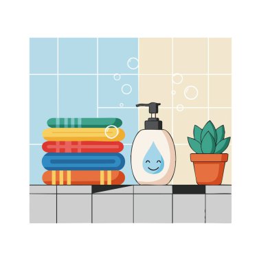 Vektör illüstrasyonunda renkli havlularla dolu bir banyo rafı, sıvı sabun makinesi ve saksı bitkisi görülüyor. Temiz ve neşeli bir atmosfer yaratıyor..