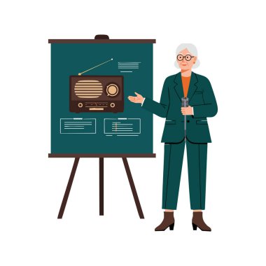İllüstrasyonda, resmi giyinmiş, profesyonellik ve bilgi aktaran, eski bir radyoyu sergide sunan yaşlı bir kadın görülüyor. Sakin ol..