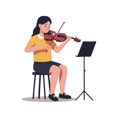 Taburede oturmuş müzik standının yanında keman çalan bir kızın tasviri, müzik pratiği ve konsantrasyonuna odaklanmış, sakin bir ruh hali.