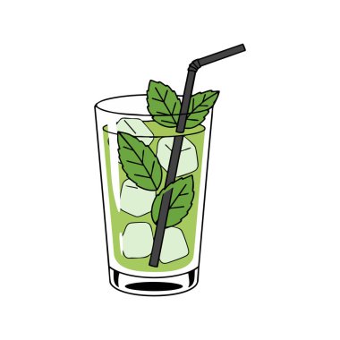 Yeşil nane yapraklarının yer aldığı şeffaf bir bardakta buz küpleri ve siyah pipetle ferahlatıcı bir mojito kokteylinin vektör çizimi. Neşeli ruh hali.