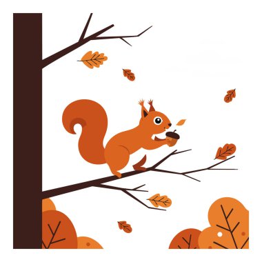 Illustration shows squirrel holding acorn on tree branch with falling orange leaves in autumn season. Warm and peaceful mood.