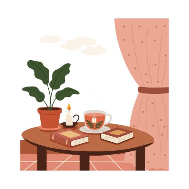 İllüstrasyon, içinde saksı bitkisi, yanan mum, kitaplar ve pembe bir perdenin yanındaki ahşap bir masanın üzerinde duran bir fincan olan sıcak bir ev ortamını gösteriyor. Sakin ol..