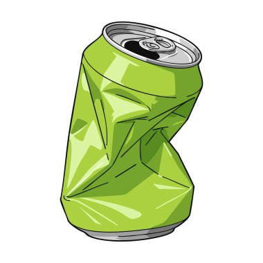 Görüntü, metalik kapaklı ve açık sekmeli ezilmiş yeşil bir alüminyum soda kutusunu net bir vektör tarzında gösteriyor. Basit ve temiz..