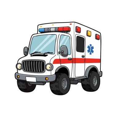 Çizgi film tarzında acil durum ışıkları ve tıbbi sembolü olan bir ambulans aracı tasviri. Aciliyeti ve hazırlığı iletir. Sakin ol..