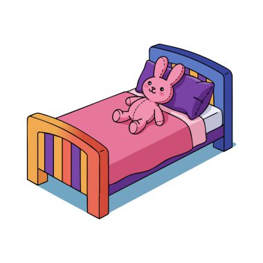 Resimlerde pembe battaniyeli, mor yastıklı renkli bir çocuk yatağı, yumuşak doldurulmuş bir oyuncak, neşeli ve rahat bir atmosfer yaratıyor..
