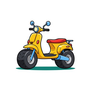 Resimlerde sarı renkli, kırmızı koltuklu ve mavi renkli beyaz arka planda neşeli bir mobilet görülüyor..