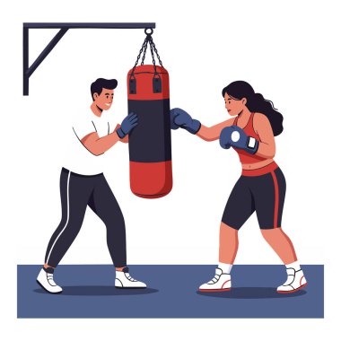 Erkek koçun elinde boks antrenmanı yapan bayan sporcular için kum torbası var. Odaklanma ve enerjiyle spor yapıyor. Motivasyon sahnesi.