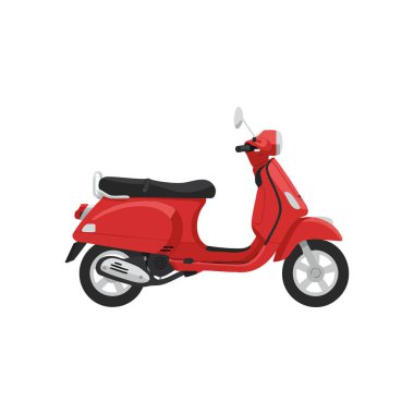 Siyah koltuklu ve aynalı kırmızı bir scooter tasviri. Temiz çizgiler ve düz renkleri sakin bir şekilde gösteriyor..
