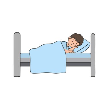 Resim, mavi bir battaniye ve yastıkla bir yatakta huzur içinde uyuyan bir çocuğu gösteriyor. Sahne sakin ve huzur dolu..
