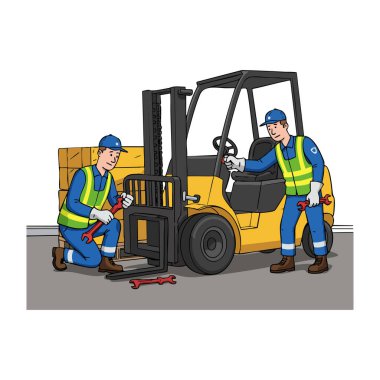 Güvenlik kaskı ve yelek giyen iki işçi, endüstriyel ortamdaki aletleri kullanarak sarı bir forklifti tamir ediyor. Sahne profesyonel ve odaklanmış görünüyor.