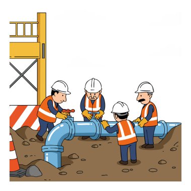 Miğfer ve turuncu yelek giyen dört inşaat işçisi, takım çalışması ve odaklanma gösteren bir inşaat şantiyesine mavi bir boru hattı kuruyor. Sakin ol..