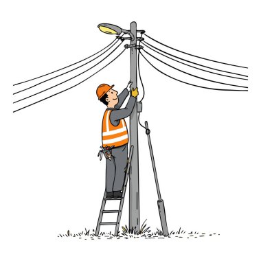 Elektrikçi gün ışığında elektrik direğini tamir etmek için merdivene tırmanır. Güvenlik teçhizatı ve miğfer takar, görevine odaklanır, sakin bir ruh halindedir..