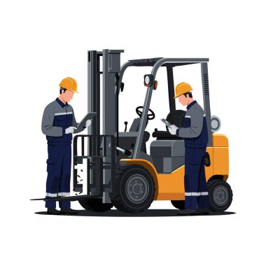 Güvenlik miğferlerinde çalışan iki işçi, endüstriyel bir ortamda dijital cihazlar kullanarak bir forklifti çalışır ve kontrol eder, odak ve profesyonelliği aktarırlar..