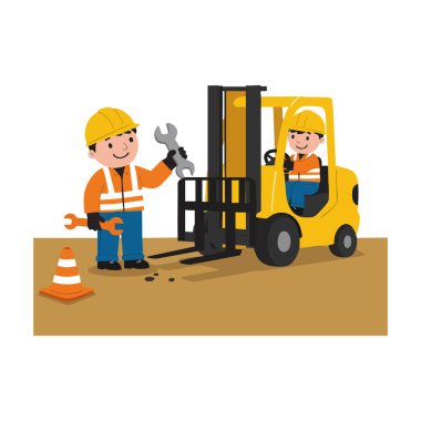 Güvenlik kaskı ve turuncu yelek giyen iki inşaat işçisi takım çalışmasını ve güvenliğini gösteren sarı forklifti ingiliz anahtarıyla onarıyor. Neşeli..