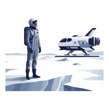 İllüstrasyon, soğuk renkler ve sakin bir ruh haliyle buzlu bir arazide, gelecekçi bir uzay gemisinin yanında uzay giysisi içindeki bir astronotu gösteriyor..