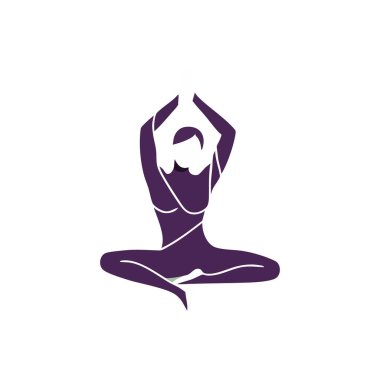 Kolları havada meditasyon yapan, mor renkli çapraz bacaklı sakin ve odaklanmış bir kadının silueti. Huzurlu ruh hali.