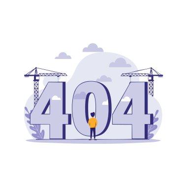 Resimler, vinçler ve bulutlarla birlikte inşaat halindeki büyük 404 sayının önünde duran bir adamın sakin bir şekilde web sitesinde hata yaptığını gösteriyor..