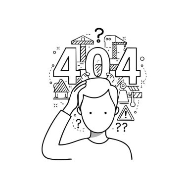 İllülasyon, 404 hata kodu, soru işaretleri ve web sitesi hatasını temsil eden uyarı işaretleriyle çevrili kafası karışık bir insanı gösteriyor..