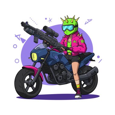 Siber punk kızı neon yeşil kask ve pembe ceket giyiyor elinde keskin nişancı tüfeği ile mor fütüristik arka plan ile çevrili mavi bir motosiklet kullanıyor. Enerjik ruh hali.