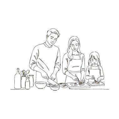 Aile üyeleri birlikte yemek pişirip mutfak ortamında yemek hazırlıyor ve sıcak bir ortam yaratıyorlar. Sakin ol..