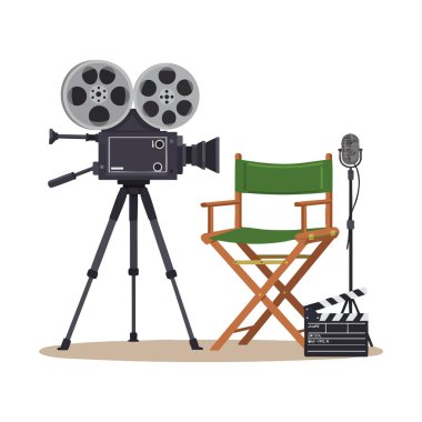 İllüstrasyon, nötr renklerle, yaratıcı ruh haliyle klasik film kamerası, yönetmen koltuğu, mikrofon ve el çırpma tahtasını gösteriyor..