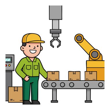 Fabrika işçisi robotik kolu kontrol ediyor karton kutuları endüstriyel ortamda taşıma bandına yerleştiriyor, otomasyon ve takım çalışmasını gösteriyor, neşeli ruh hali.
