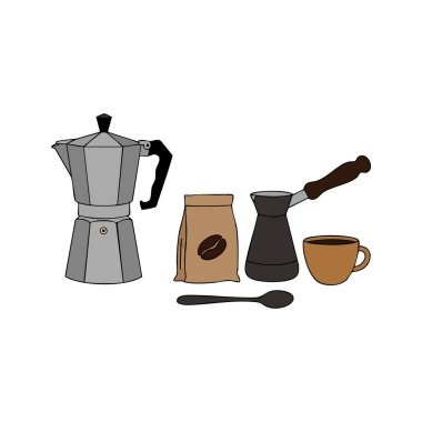 Vektör illüstrasyonunda moka pot, kahve çekirdekleri, Türk kahve demliği, fincan ve kaşık basit bir şekilde gösteriliyor. Sakin ve davetkar ruh hali.