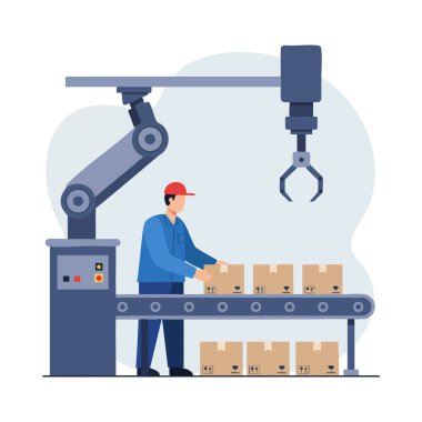İşçi, modern endüstriyel otomasyonu gösteren bir fabrika ortamındaki taşıyıcı banttaki kutuları taşımak için robotik kol kullanıyor. Üretken ruh hali.