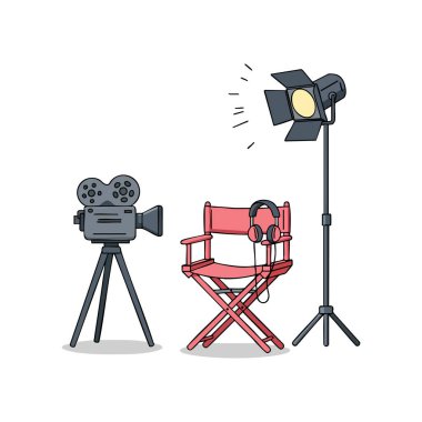 Vektör illüstrasyonu, kulaklıklı film yönetmeni koltuğu, tripodlu film kamerası ve yaratıcı ruh hali yayan altın ışıklı stüdyo ışıkları gösteriyor..