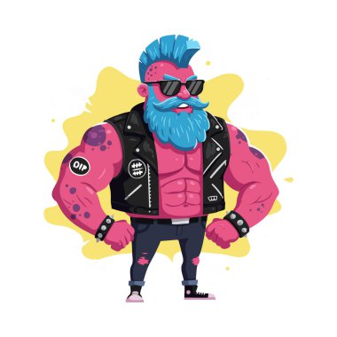 İllüstrasyonda mavi mohawk ve sakallı, deri yelek ve güneş gözlüğü takan, sarı arka planı olan kaslı bir punk adam görülüyor. Cesur ruh hali..