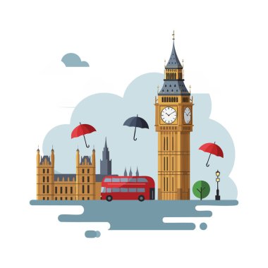 Resimler, Big Ben London 'ın kırmızı çift katlı otobüsü ve mavi gri gökyüzünde yüzen şemsiyeleri, şehir manzarası, kaprisli bir ruh hali olduğunu gösteriyor..