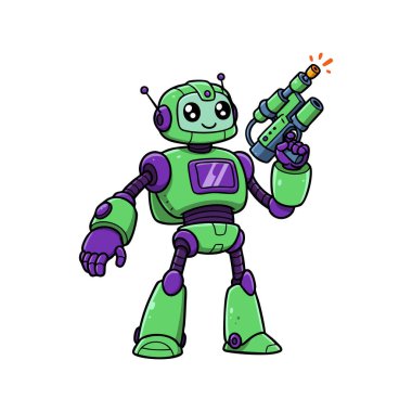 Bu vektör, mutlu bir ifadeyle fütüristik ışın tabancası tutan, neşeli ve neşeli bir ruh hali uyandıran dost canlısı yeşil ve mor bir robot gösteriyor..