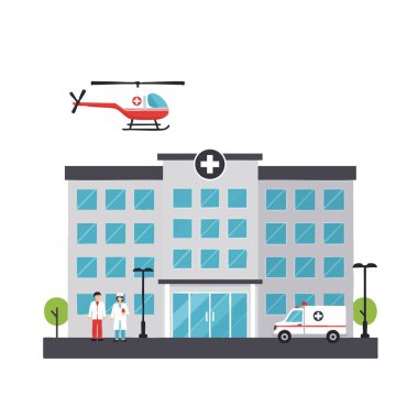 Resimlerde doktorlar, ambülans ve helikopterin olduğu bir hastane görülüyor. Gündüz vakti acil tıbbi bakım atmosferini aktarıyor. Sakin ol..