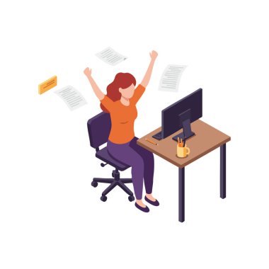 İllüzyon, ofis masasında bir kadının başarısını kollarını kaldırarak ve neşeli bir şekilde kağıt üzerinde uçarak kutladığını gösteriyor..