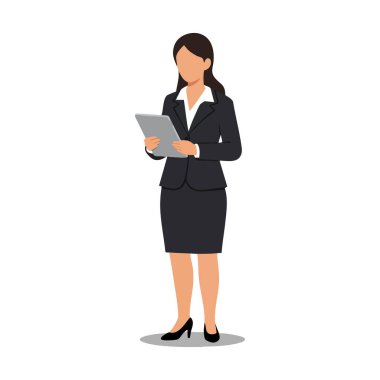 Resmi siyah takım elbiseli iş kadını dijital tablet taşıyor, profesyonel ofis ortamında kendine güvenen, odaklanma ve profesyonelliği aktarıyor. Sakin ol..
