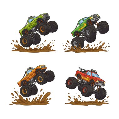 Dört canavar kamyon zıplıyor ve çamur sıçrıyor güçlü tekerlekler ve canlı renkler, heyecan verici off-road heyecanı ve enerji sergiliyor. Enerjik.