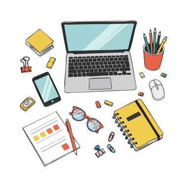 Vector illustration shows workspace with laptop, smartphone, stationery, and glasses in flat lay style, creating organized and creative atmosphere, calm mood.