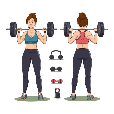 İllüstrasyon gösteriyor ki, bir kadın çeşitli spor malzemeleriyle halter çömelme hareketleri yapıyor, güç antrenmanlarına ve fitness 'e odaklanıyor. Enerjik ve motive edici.