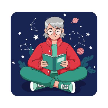 İllülasyon, yıldız takımyıldızları ve gezegenleri uzay temalı bir arka planda, sakin bir ruh halinde olan yaşlı bir insanın bacak bacak bacak üstüne atarak kitap okuduğunu gösteriyor..