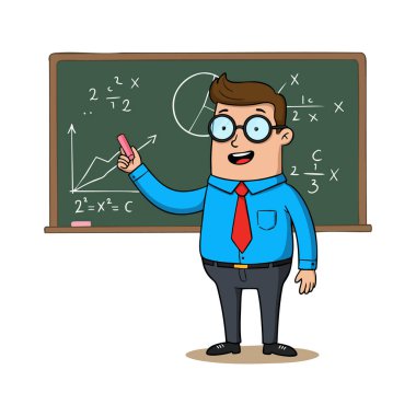 Mavi gömlekli ve kırmızı kravatlı erkek öğretmen, tahtada tebeşirli matematik denklemlerini ve neşeli ruh halini açıklıyor..