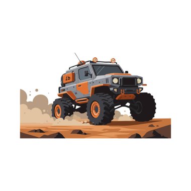 Çizimlere göre 4x4 'lük bir araç kayalık arazide sürerken dinamik bir açık hava sahnesinde toz kaldırıyor, enerjik bir ruh hali..