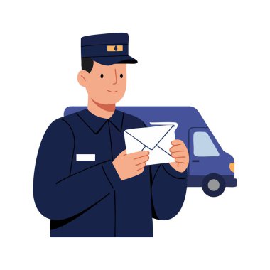 Donanma üniformalı bir postacı arkasında bir teslimat kamyonu olan bir zarf tutuyor. Posta servisi ve haberleşme, sakin bir ruh hali..