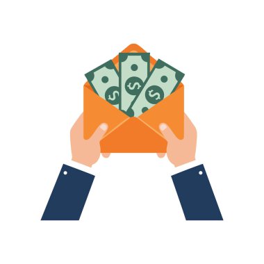 Düz vektör tarzında para ve finans kavramlarını temsil eden ve finansal iyimserliği ifade eden dolarlarla dolu turuncu bir zarf ellerde..