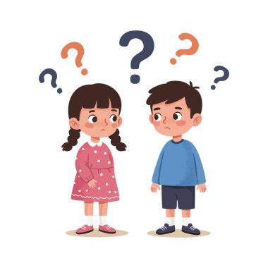 İllüzyon, kafalarının üstünde soru işaretleri olan kafası karışmış erkek ve kızı gösteriyor, şüphe ve belirsizliği basit bir şekilde ifade ediyorlar. Tuhaf bir ruh hali..
