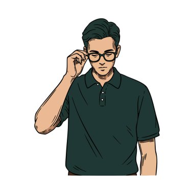 İllüzyon, gözlüğünü ayarlayan genç bir adamın, koyu yeşil polo tişört giyip sakin ve düşünceli bir hava yarattığını gösteriyor..