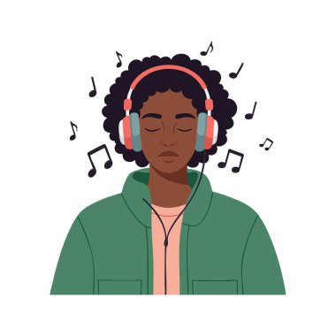 İllüzyon, kıvırcık saçlı, kulaklıkla müzik dinleyen sakin ve odaklanmış bir genç kadını gösteriyor. Rahatlamış ruh hali.