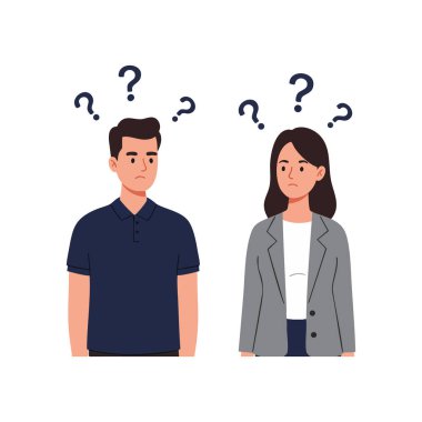 İllüzyon, kafalarının üstünde şaşkın bakışları ve soru işaretleri olan bir erkek ve kadını gösteriyor. Kafa karışıklığı ve belirsizlik havasını iletiyor..